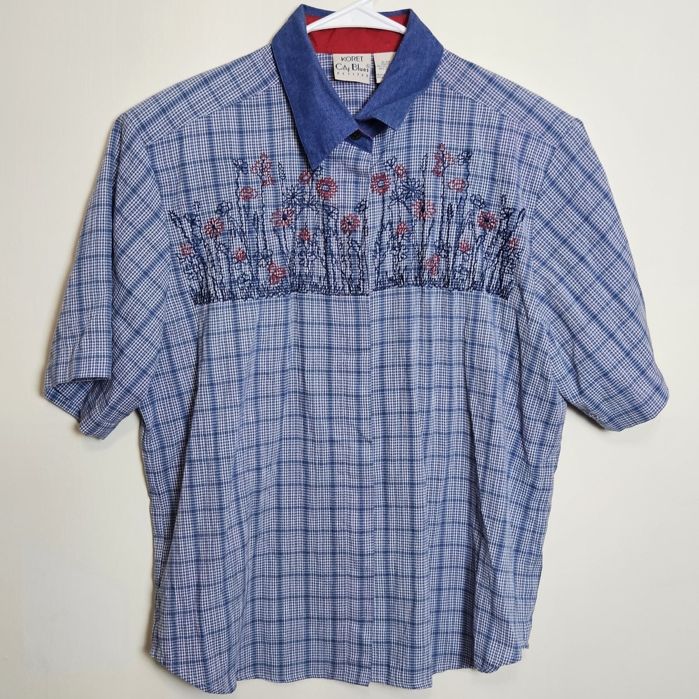 Koret City Blues Petite L Blue Plaid Embroidered Floral Shoulder‎ Pad Top